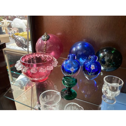 410 - Nice collection of glass inc. cranberry, hand blown vase, 2 cobalt blue scent bottles/ vases, art gl... 