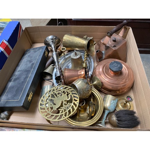 412 - 6 boxes of collectables, copper & brass ware, cutlery, cash tins, Rupert annuals, boxed Airfix 12-sc... 