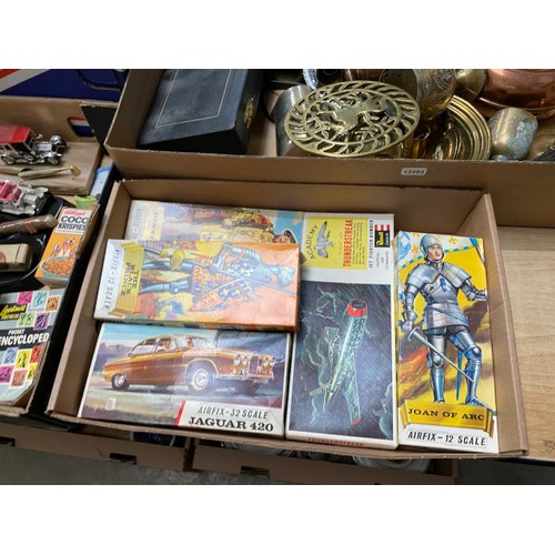 412 - 6 boxes of collectables, copper & brass ware, cutlery, cash tins, Rupert annuals, boxed Airfix 12-sc... 