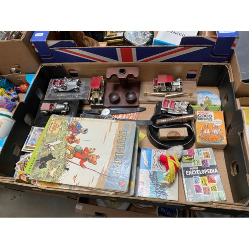 412 - 6 boxes of collectables, copper & brass ware, cutlery, cash tins, Rupert annuals, boxed Airfix 12-sc... 