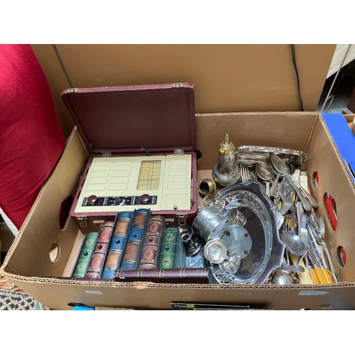 412 - 6 boxes of collectables, copper & brass ware, cutlery, cash tins, Rupert annuals, boxed Airfix 12-sc... 