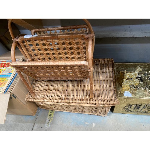 451 - Brass log box, sewing requisites, wicker picnic basket (worm) & wicker magazine rack