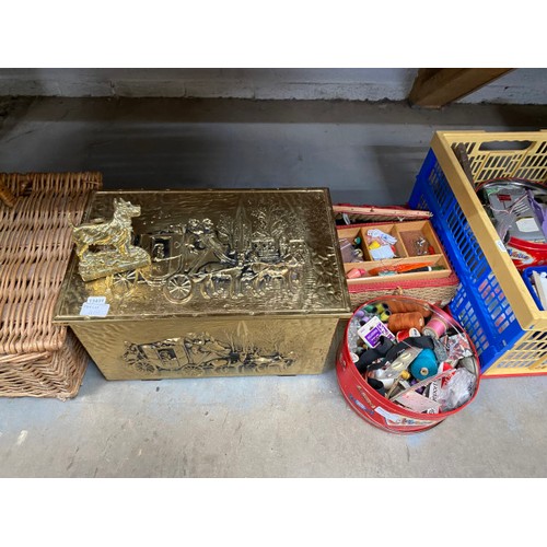 451 - Brass log box, sewing requisites, wicker picnic basket (worm) & wicker magazine rack