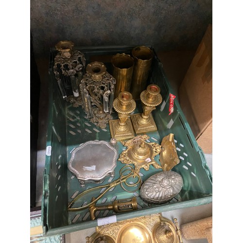 476 - 2 boxes of brass & silver plated collectables inc. 2 brass trench art shells, 2 jewellery caskets, c... 