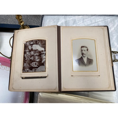 489 - Victorian leather bound photograph album with black and white photographs, brass table lamp 46H, sto... 