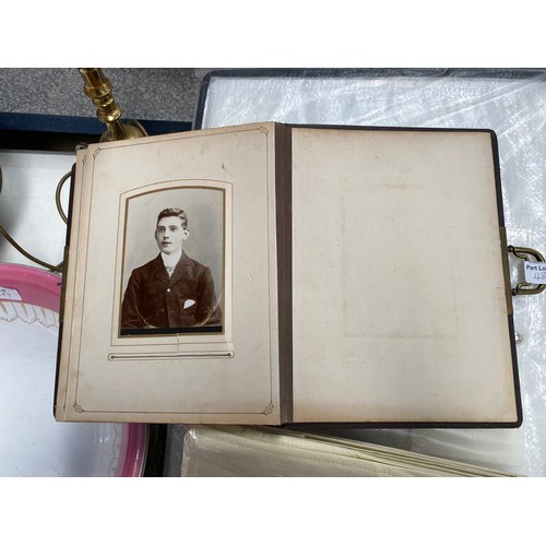 489 - Victorian leather bound photograph album with black and white photographs, brass table lamp 46H, sto... 