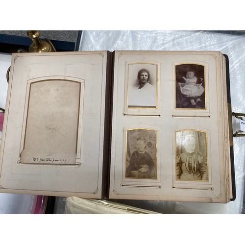 489 - Victorian leather bound photograph album with black and white photographs, brass table lamp 46H, sto... 