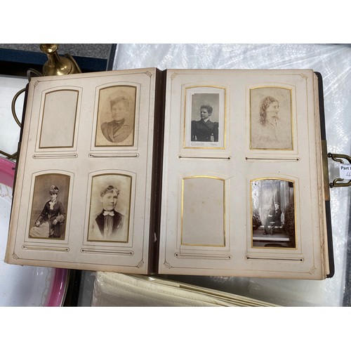 489 - Victorian leather bound photograph album with black and white photographs, brass table lamp 46H, sto... 