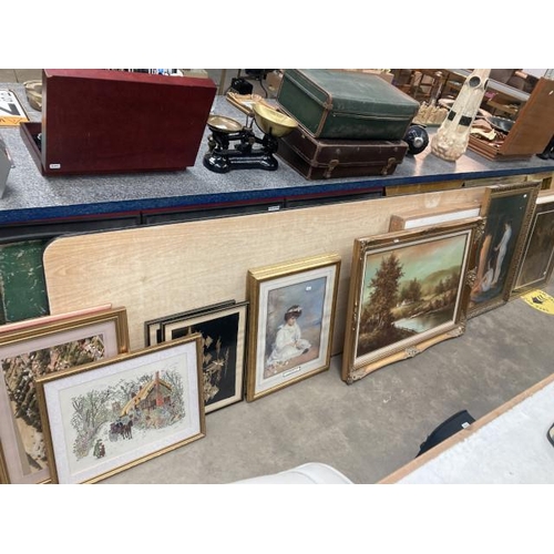 489 - Collection of framed pictures including gilt framed oil on canvas of a rural scene signed to bottom ... 