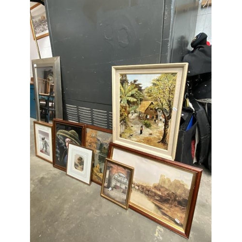 1 - Assorted framed pictures, prints and a silver gilt framed dressing mirror