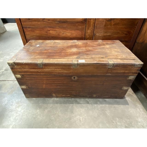 100 - Antique brass bound camphor wood trunk 36H 83W 40D