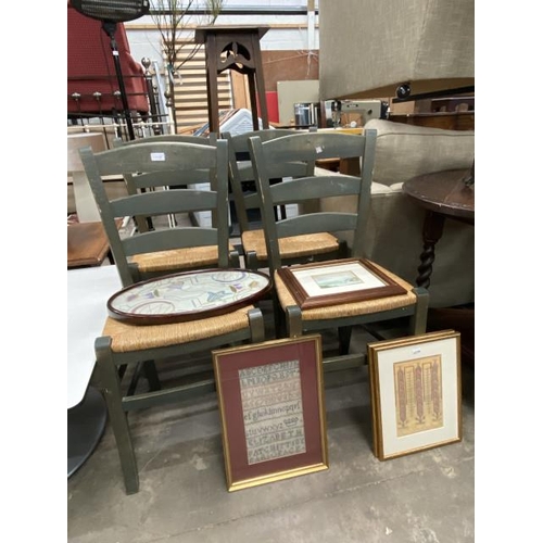 135 - 4 rush seated kitchen chairs 40W, gilt framed sampler, framed watercolour ‘Achill Coastline’ by Mair... 