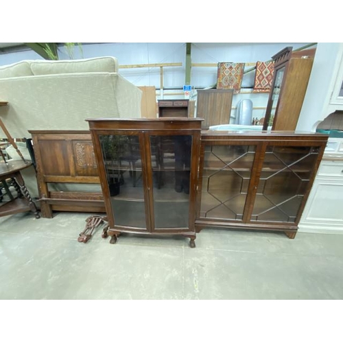 138 - 2 mahogany display cabinets 126H 91W 33D & 113H 107W 32D & a carved oak bed frame 4'6