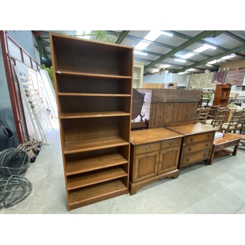 146 - Teak bookcase 186H 78W 31D, Stag chest of drawers 77H 91W 46D & an oak 3 drawer chest 84H 91W 45D