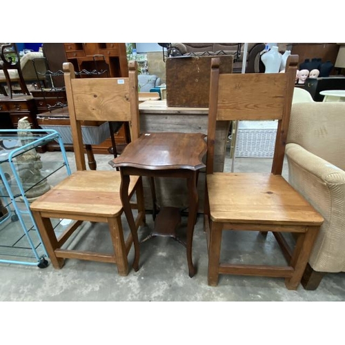 153 - 2 pine high chairs 47W and a Victorian mahogany occasional table 70H 55W 44D