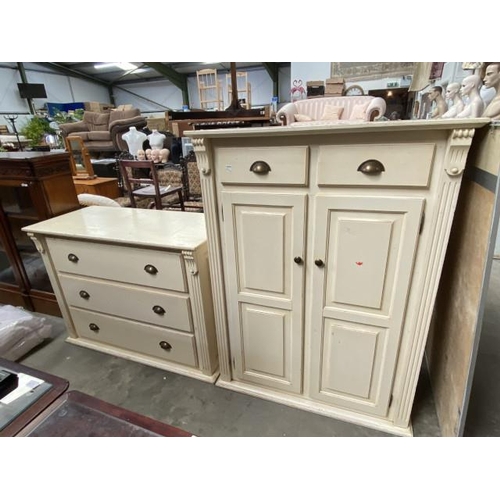 160 - Cream painted 3 drawer chest 88H 122W 55D and a cream painted 2 door/2 drawer cupboard 139H 103W 55D