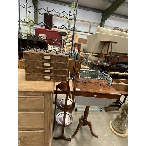 169 - Victorian burr walnut sewing table (lid as found)  80H 48W 38D,  ‘Auriol’ vintage wine rack, mahogan... 