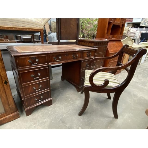 185 - Mahogany pedestal desk with brown leather inset 76H 122W 61D and a mahogany desk chair