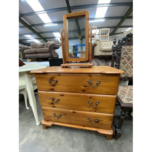 191 - Pine 3 drawer chest 75H 85W 41D and a pine dressing table mirror