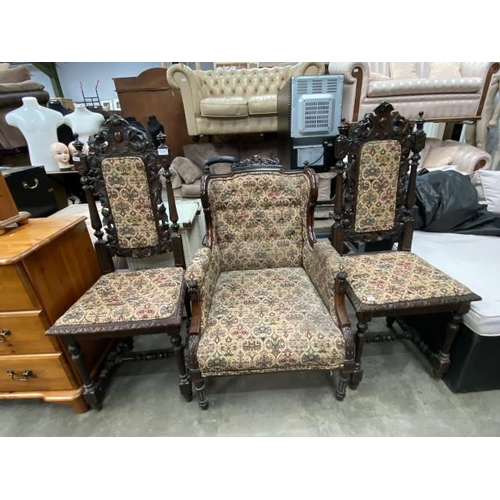 192 - 2x 17th century style carved oak hall chairs 47W and a carved mahogany reading chair 65W