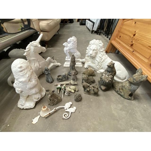 26 - Cast lion, unicorn & rearing lion door porter/stops and assorted stone effect garden statues