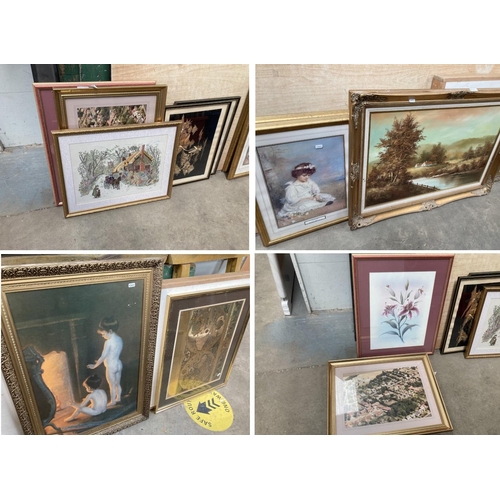 489 - Collection of framed pictures including gilt framed oil on canvas of a rural scene signed to bottom ... 