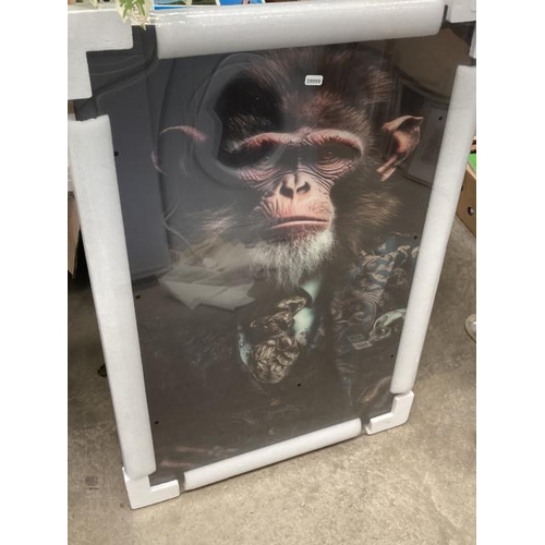 505 - Wall art picture in tempered glass of a chimpanzee in a suit 90H 60w