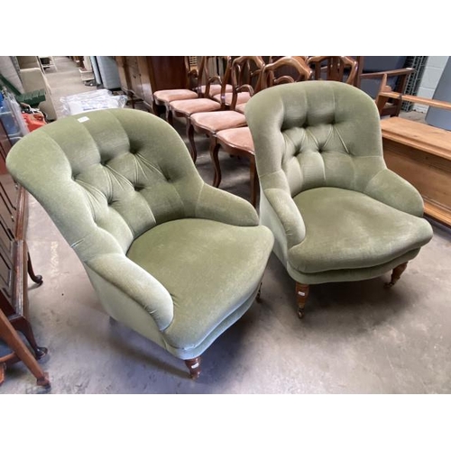 53 - Pair of green velour button back nursing chairs 67W