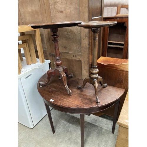 534 - Georgian mahogany demi-lune hall table 71H 110W 54D and 2 Victorian tripod tables 71H 74W 46D & 71H ... 