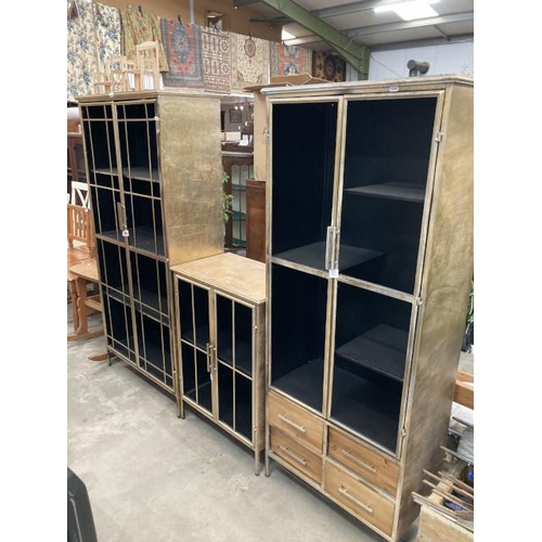 540 - Contemporary metal 2 door display cabinet 165H 67W 37D, matching 2 door bookcase 87H 63W 38D & a mat... 