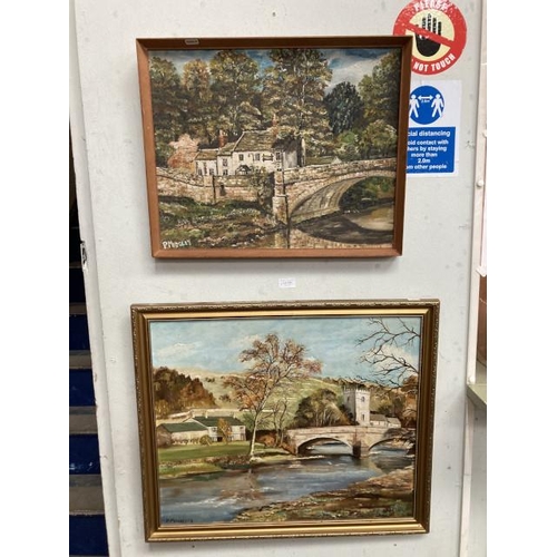 565 - 2 framed signed P. Midgley oil paintings on board 'Low Bridge, Knaresborough' & 'Arncliffe Village I... 