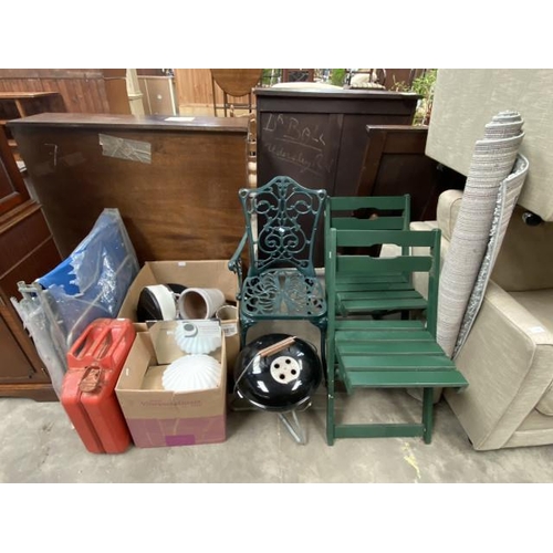 65 - Jerry can, folding garden lounger, assorted planters, 2 folding garden chairs etc