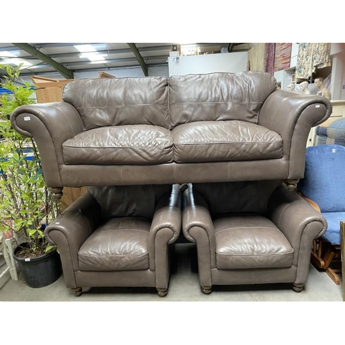 74 - 3 piece brown leather suite (settee 220W & 2 chairs 104W)