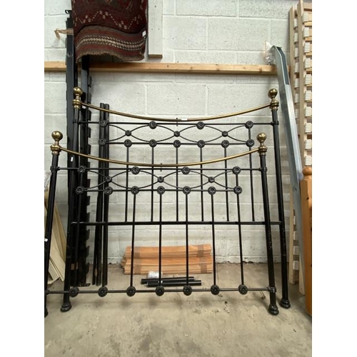 9 - Victorian style brass/black metal double  bed frame with side rails and lats