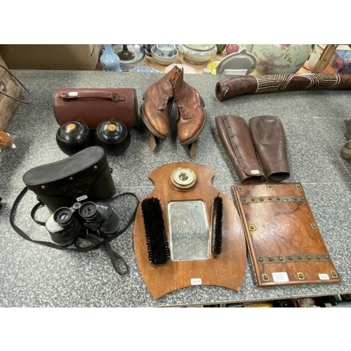 267 - Oak hall mirror/ clothes brushes, cased Tento 7x35 binoculars, cased Thomas Taylor boules No. 2 1/4,... 