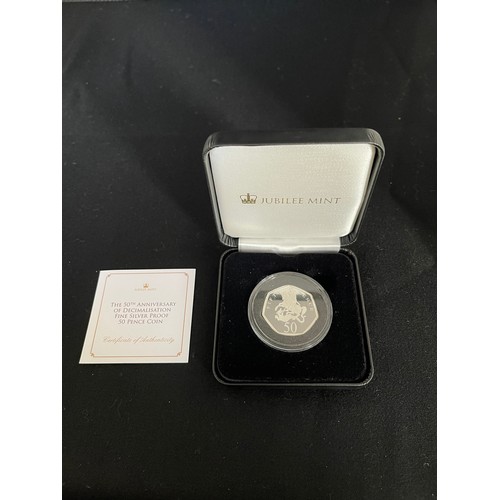 395 - “Jubilee Mint” The 50th Anniversary of Decimalisation Fine Silver Proof 50 pence coin 
Metal: 999/10... 