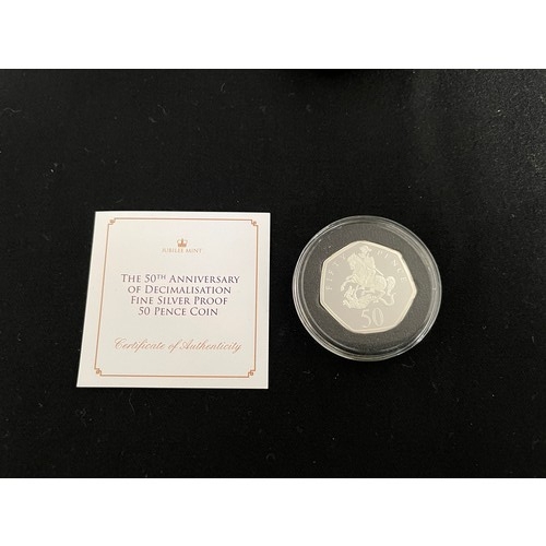 395 - “Jubilee Mint” The 50th Anniversary of Decimalisation Fine Silver Proof 50 pence coin 
Metal: 999/10... 