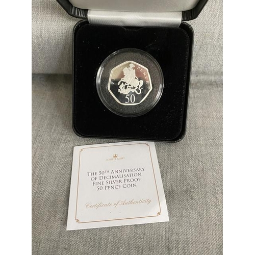 395 - “Jubilee Mint” The 50th Anniversary of Decimalisation Fine Silver Proof 50 pence coin 
Metal: 999/10... 