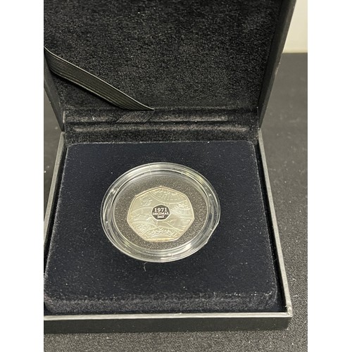 370 - “The Royal Mint” The 50th Anniversary of Decimal Day 2021 UK 50p Silver Proof Piedfort Coin 
Denomin... 