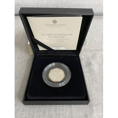 370 - “The Royal Mint” The 50th Anniversary of Decimal Day 2021 UK 50p Silver Proof Piedfort Coin 
Denomin... 