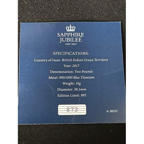 387 - The Sapphire Jubilee 1952-2017 Blue Titanium Coin 
Country of Issue: British Indian Ocean Territory ... 