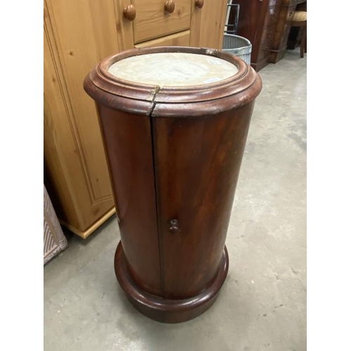 111 - Victorian mahogany cylindrical cupboard with marble top 74H 36cm diameter