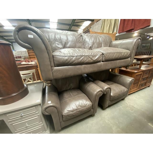 112 - 3 piece brown leather suite (settee 220W & 2 chairs 104W)