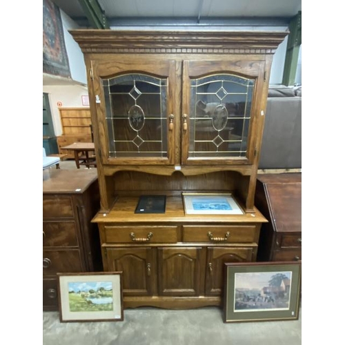 118 - Oak glazed dresser 200H 125W 45D and assorted pictures