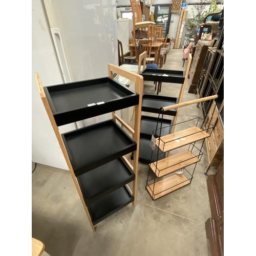 122 - Bamboo 4 tier shelving stand 99H 34W 29D, matching waterfall shelving stand 99H 34W 26D and a 3 tier... 