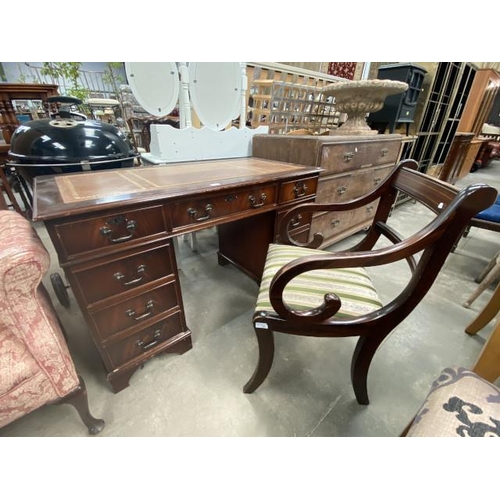 141 - Mahogany pedestal desk with brown leather inset 76H 122W 61D and a mahogany desk chair