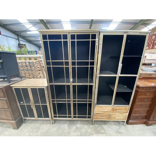 144 - Contemporary metal 2 door display cabinet 165H 67W 37D, matching 2 door bookcase 87H 63W 38D & a mat... 