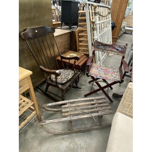 154 - Oak rocking chair, folding directors chair and a vintage sledge