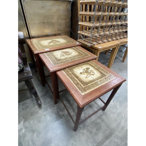 155 - Mid century Mobelfabrikken Toften nest of 3 tiled top teak tables 47H 55W 40D