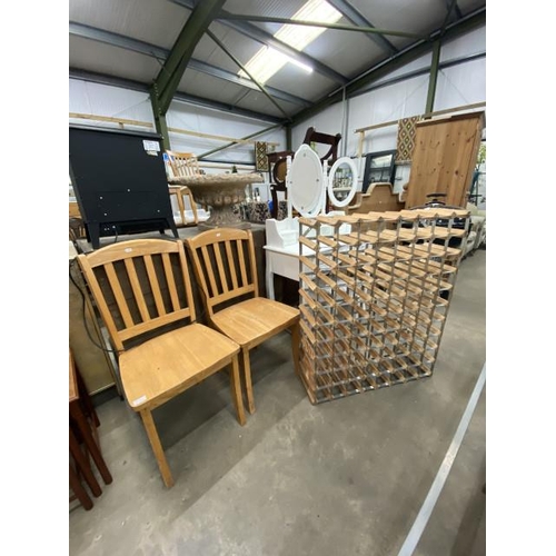 156 - Pine 80 bottle wine rack and 2 beech kitchen chairs